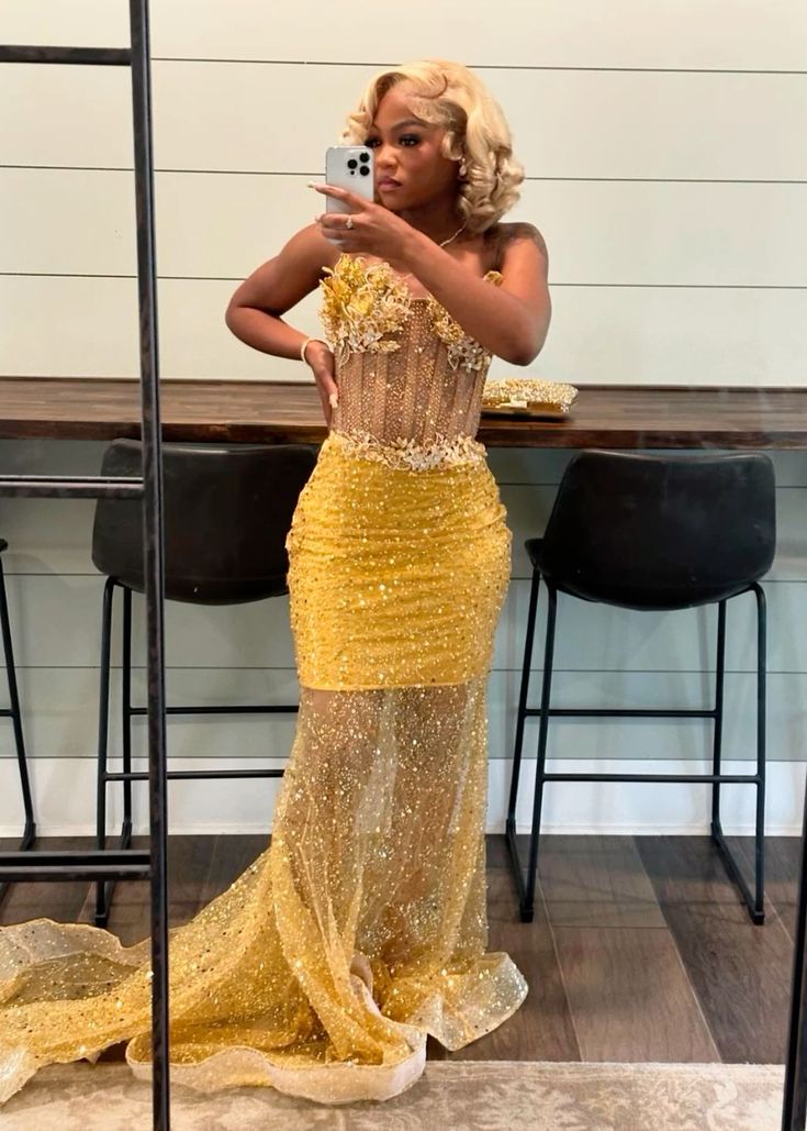 Gold Mermaid Prom Dress Evening Formal Party Birthday Engagement Gowns fg7444