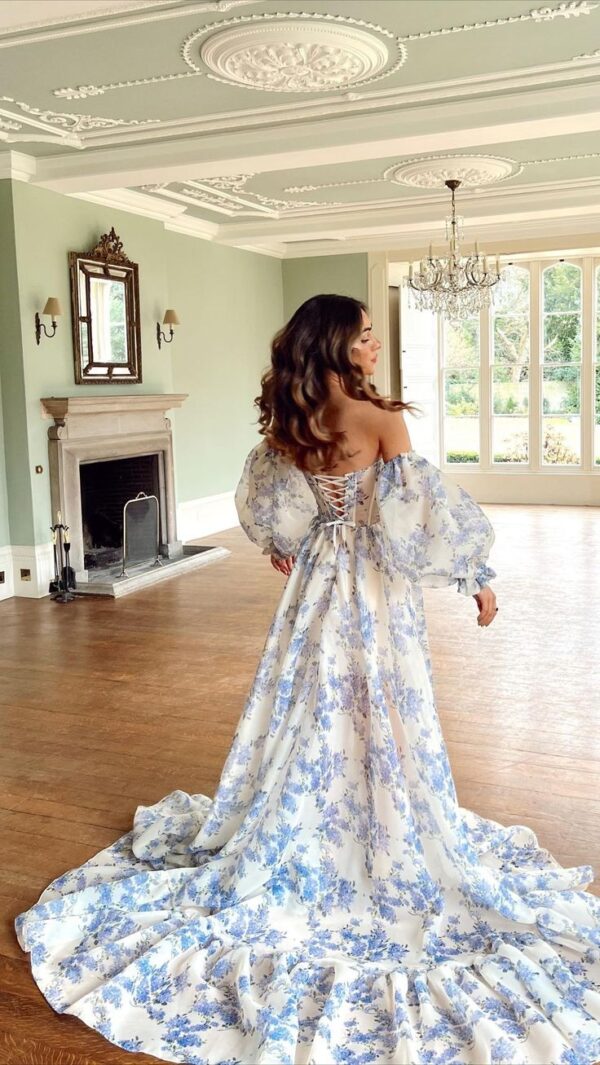 Chic Purple Strapless Chiffon Floral Print Long Prom Dresses fg6799