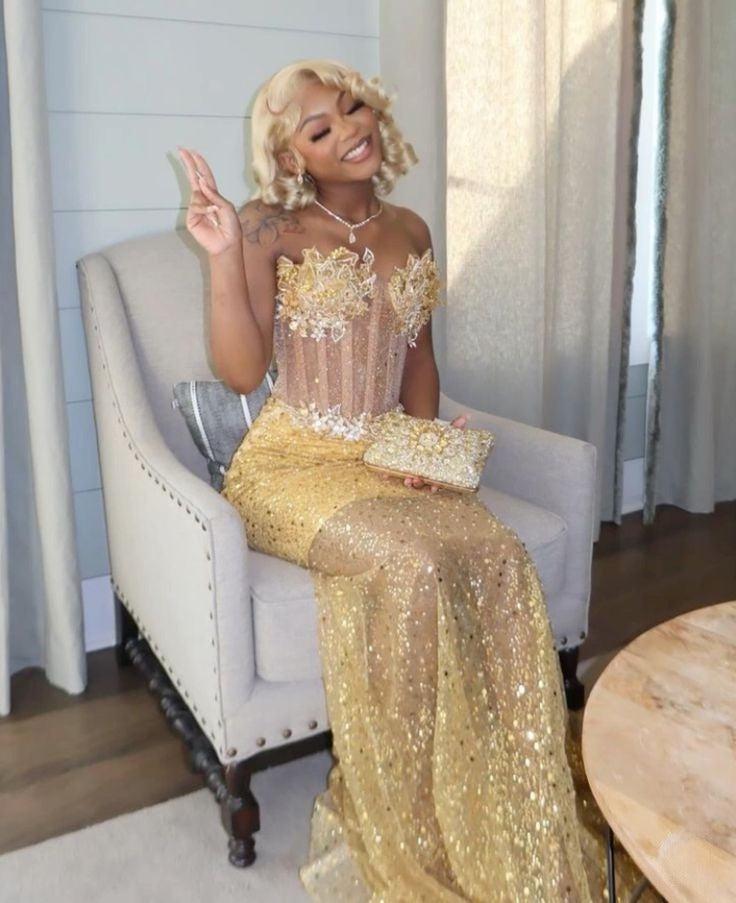 Gold Mermaid Prom Dress Evening Formal Party Birthday Engagement Gowns fg7444