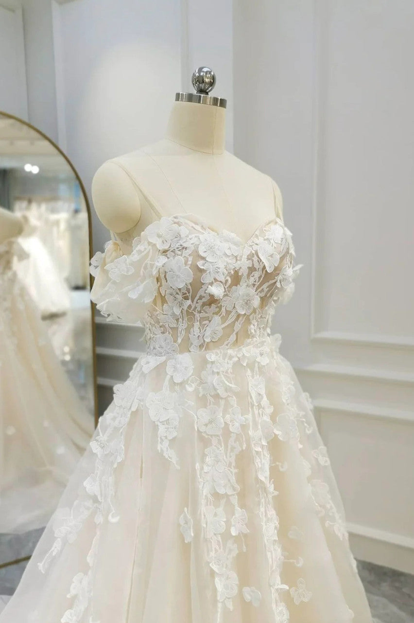 Ivory Tulle Off the Shoulder Appliques Wedding Dress