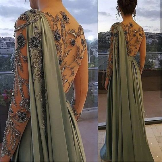 Evening Dresses One Shoulder Full Length Satin A Line Long Sleeves Formal Party Dress Prom Gown fg6768