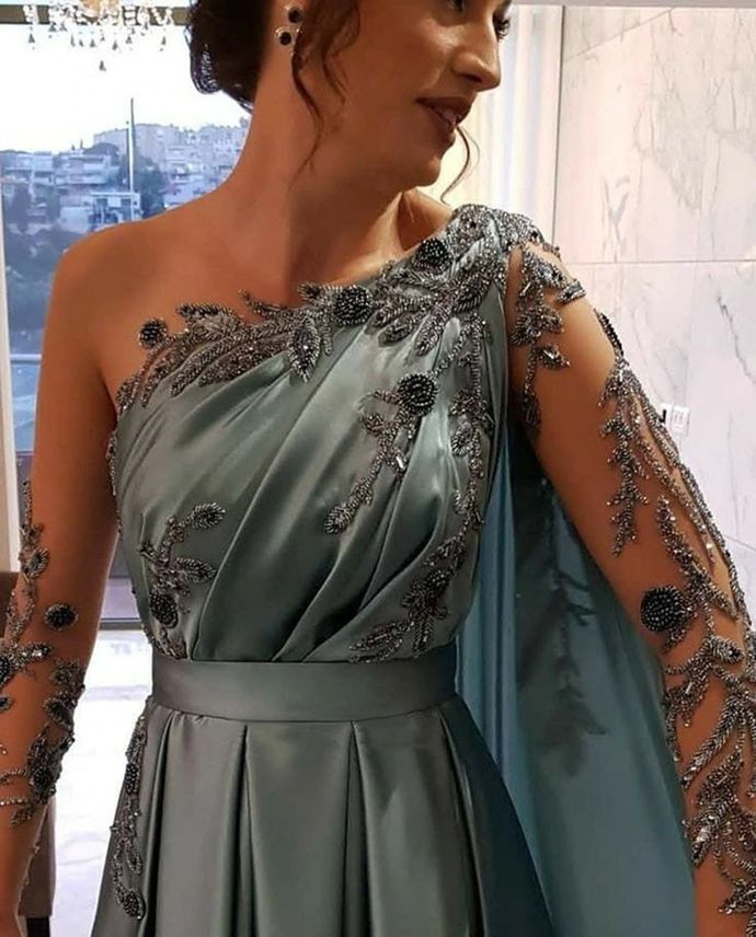 Evening Dresses One Shoulder Full Length Satin A Line Long Sleeves Formal Party Dress Prom Gown fg6768