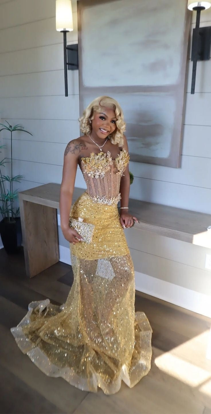 Gold Mermaid Prom Dress Evening Formal Party Birthday Engagement Gowns fg7444