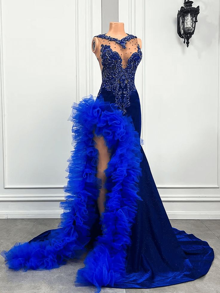 Royal Blue Mermaid Prom Dress Ruffled Evening Dresses with Slit fg7640