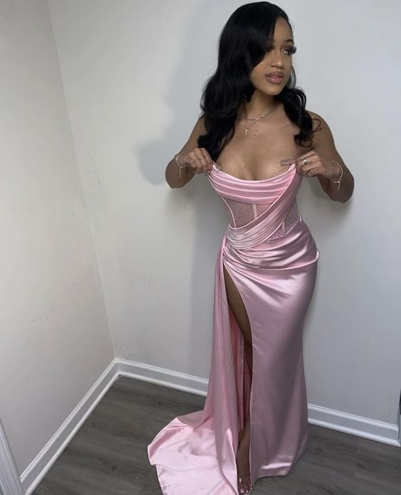 Stapless Prom Dresses Thigh-High Slits Pleats Beading Birthday Outfits Evening Dress fg7531