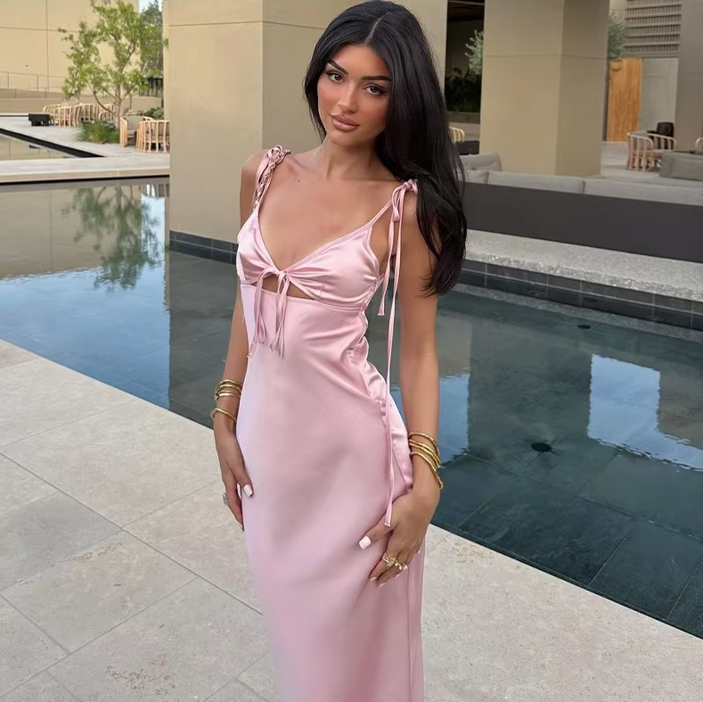 Elegant Satin Maxi Dress for Women, Sexy Party Dress fg7088
