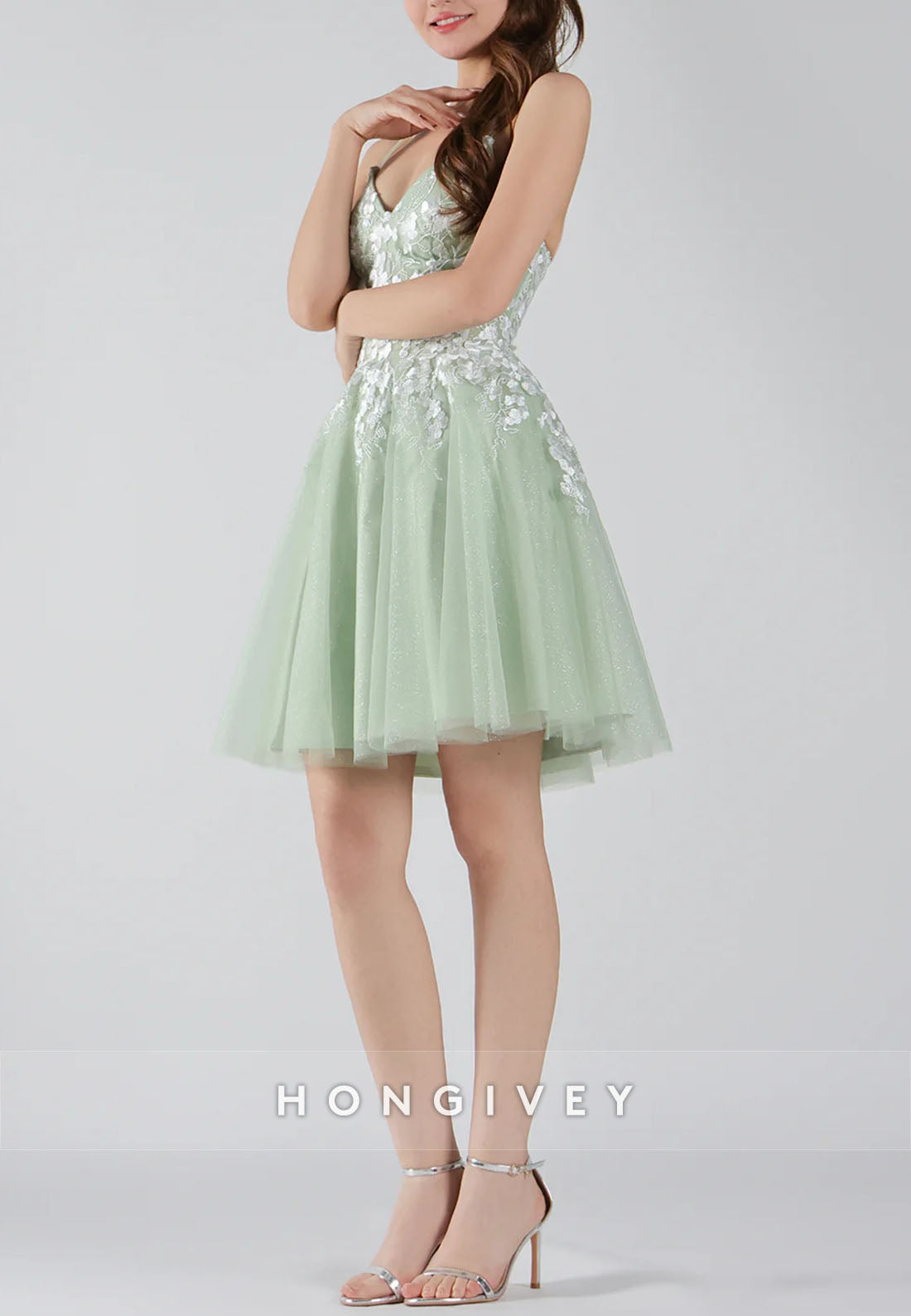 V-Neck Lace Floral Bodice Spaghetti Straps Crisscross Back Mini Homecoming Dresses