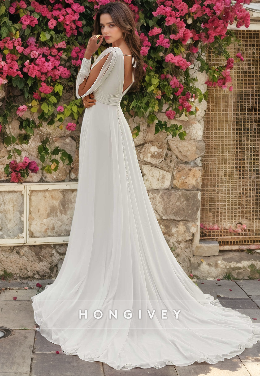 Elegant & Luxurious V-Neck Detachable Long Sleeve With Sweep Train Beach Wedding Dress