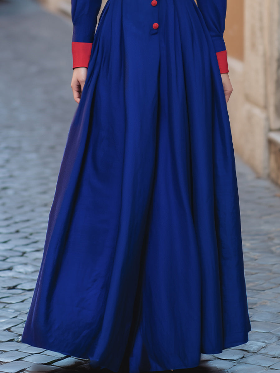 Vintage-Inspired Royal Blue & Red Contrast Maxi Dress