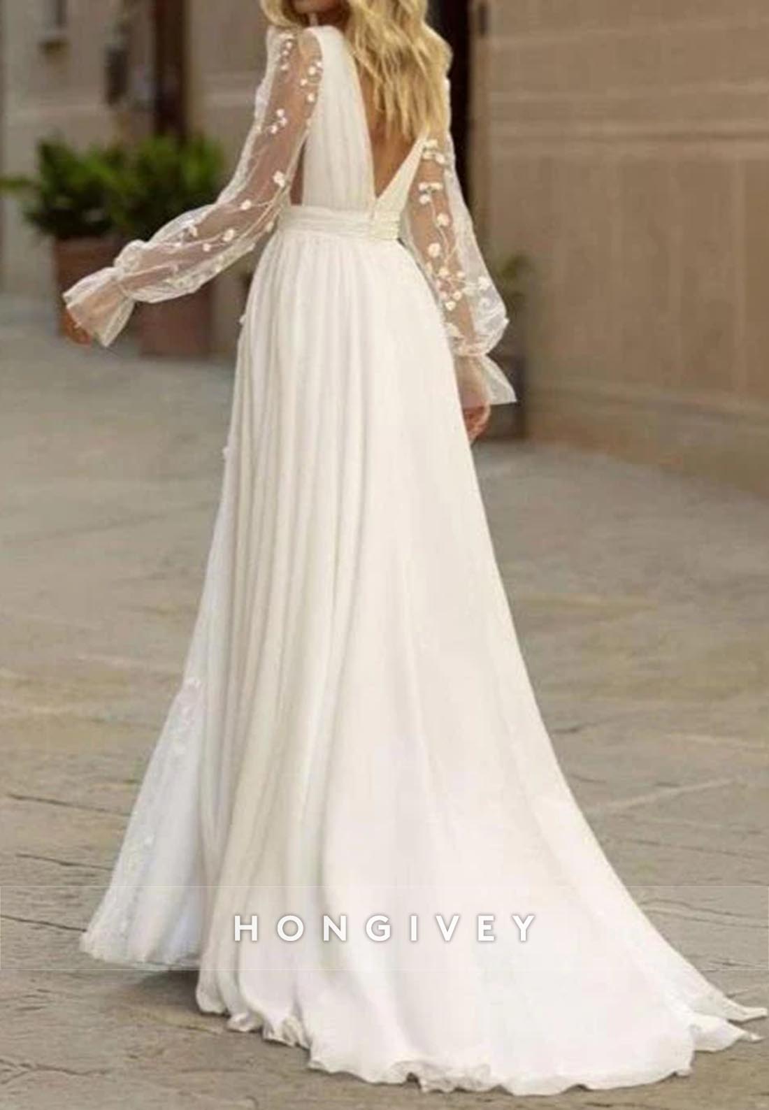 High Slit Long Sleeve V Back Pleated V Neck A-line Boho Wedding Dresses