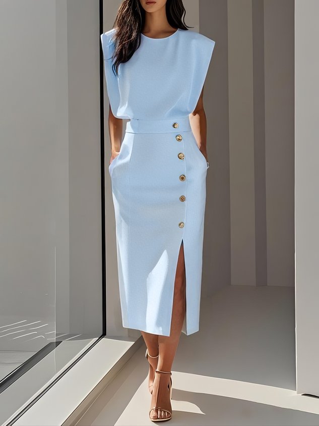Off White Button Slit Crew Neck Sheath Midi Dress Wedding Guest Dresses