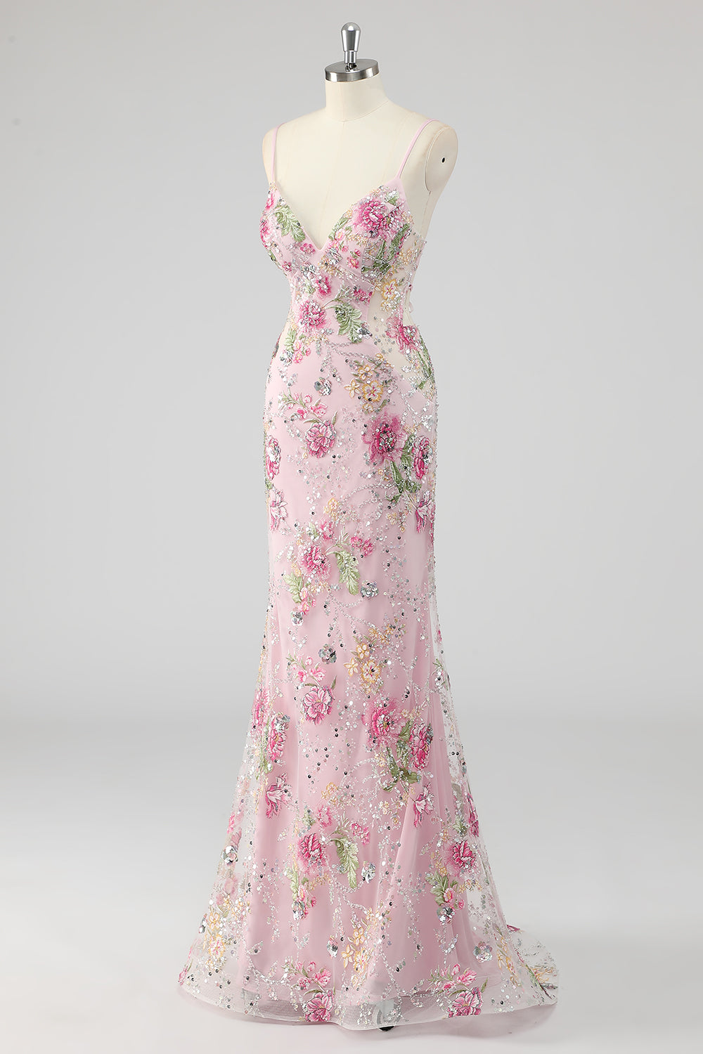 Pink Mermaid Spaghetti Straps Sequins Long Prom Dress with Appliques