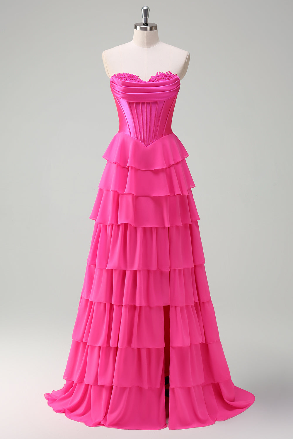 Yellow A Line Strapless Corset Tiered Long Prom Dress with Slit
