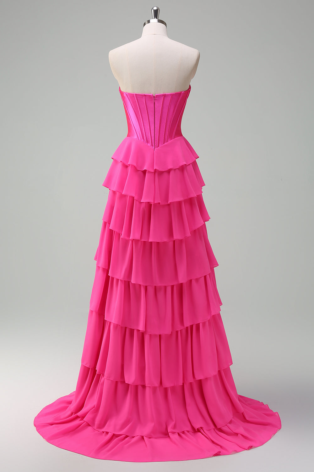 Yellow A Line Strapless Corset Tiered Long Prom Dress with Slit