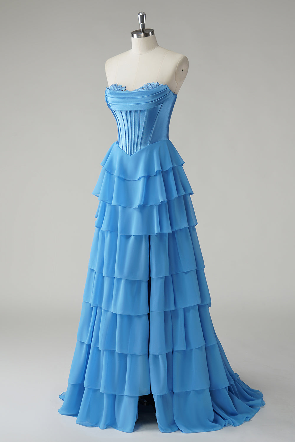 Yellow A Line Strapless Corset Tiered Long Prom Dress with Slit