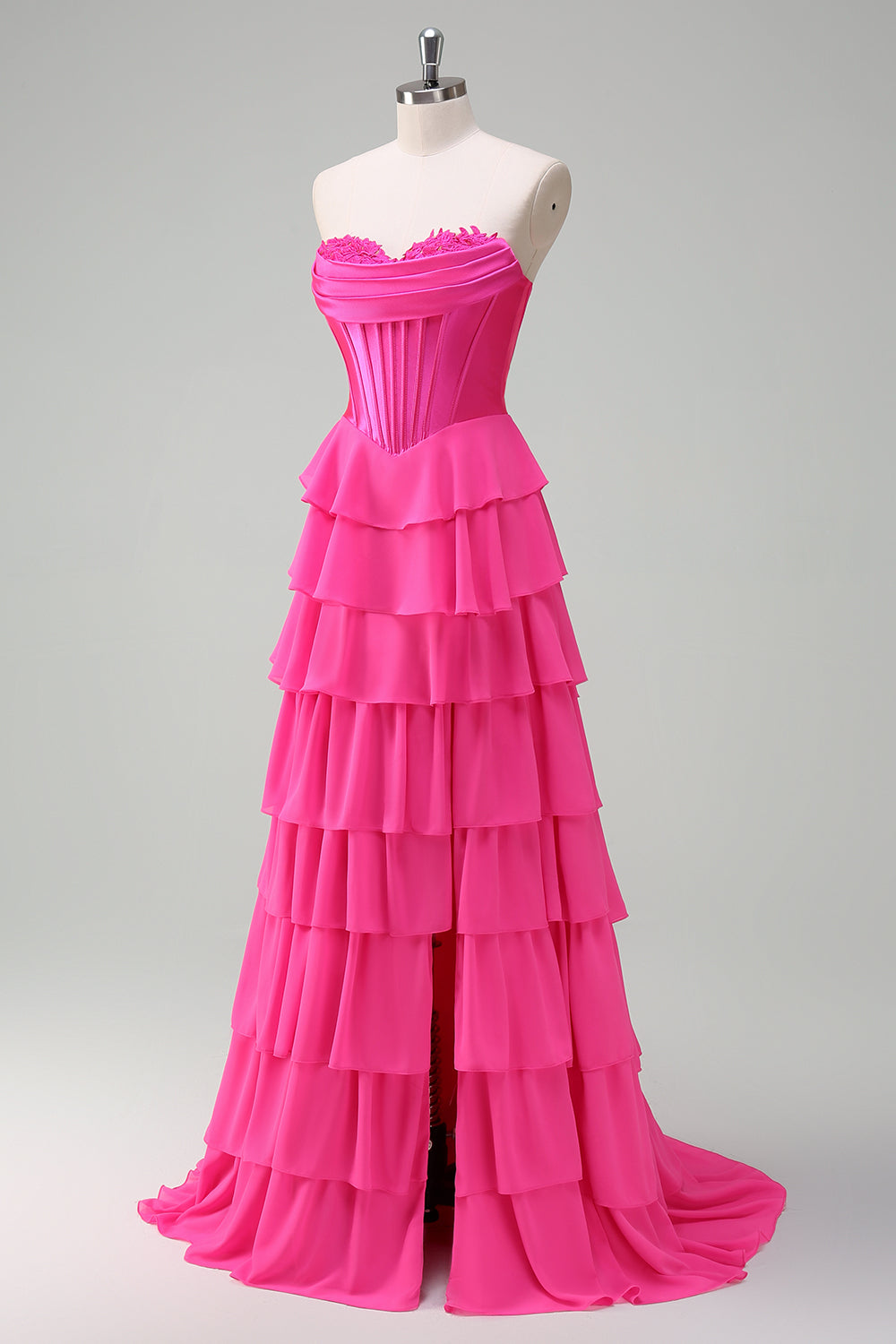Yellow A Line Strapless Corset Tiered Long Prom Dress with Slit