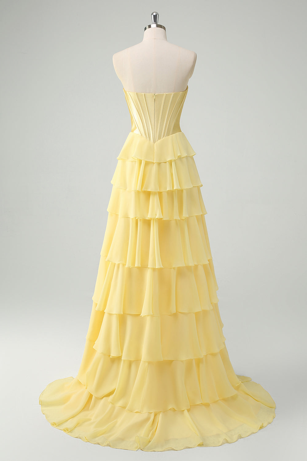 Yellow A Line Strapless Corset Tiered Long Prom Dress with Slit