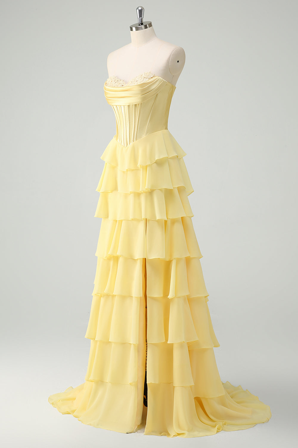 Yellow A Line Strapless Corset Tiered Long Prom Dress with Slit