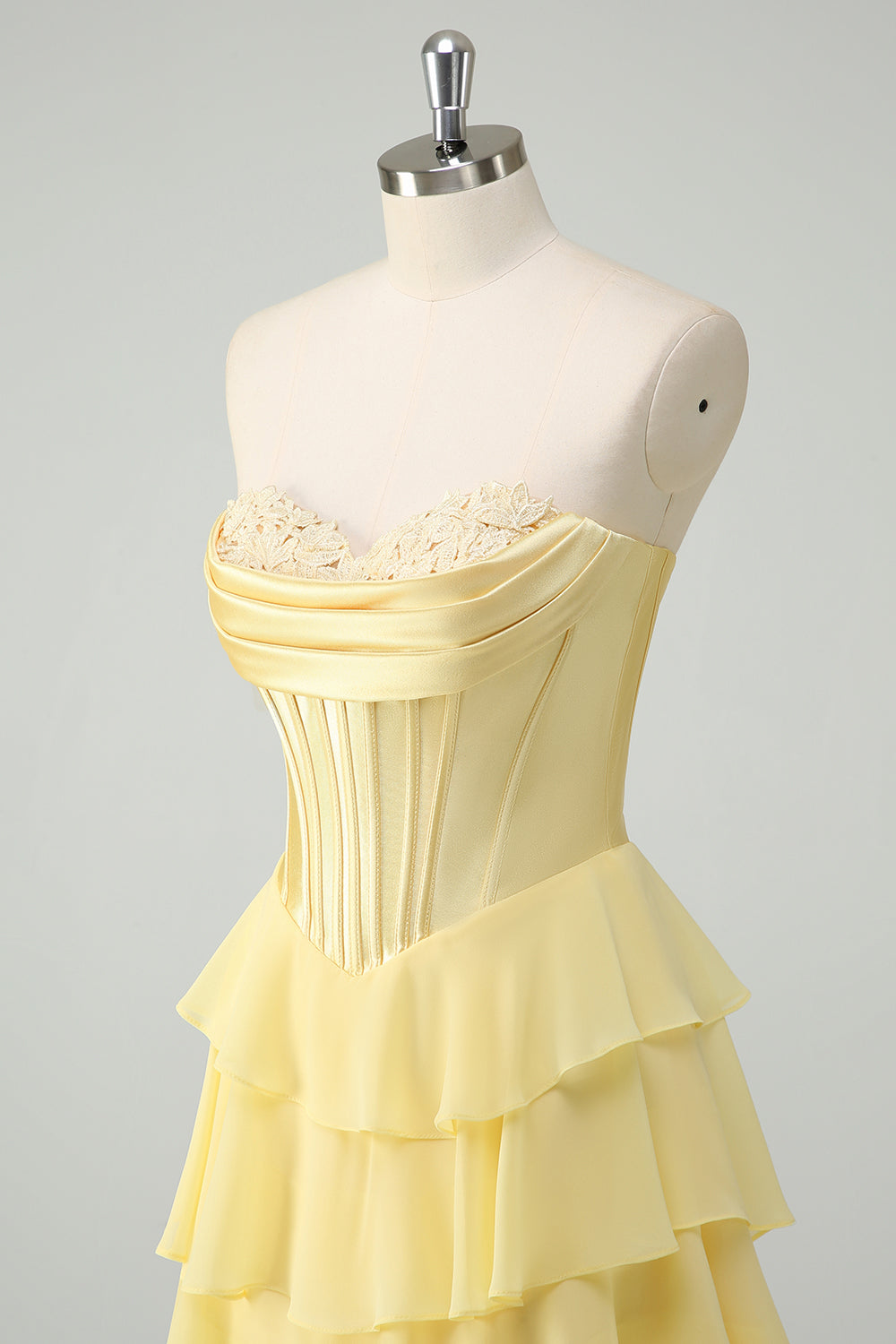 Yellow A Line Strapless Corset Tiered Long Prom Dress with Slit