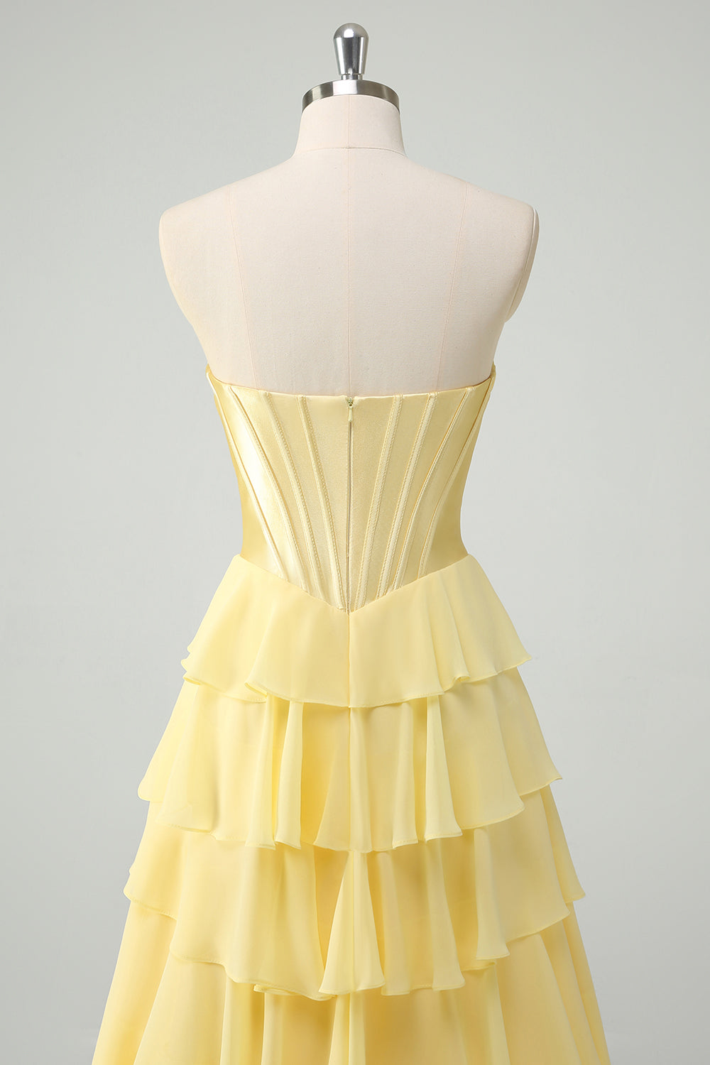 Yellow A Line Strapless Corset Tiered Long Prom Dress with Slit
