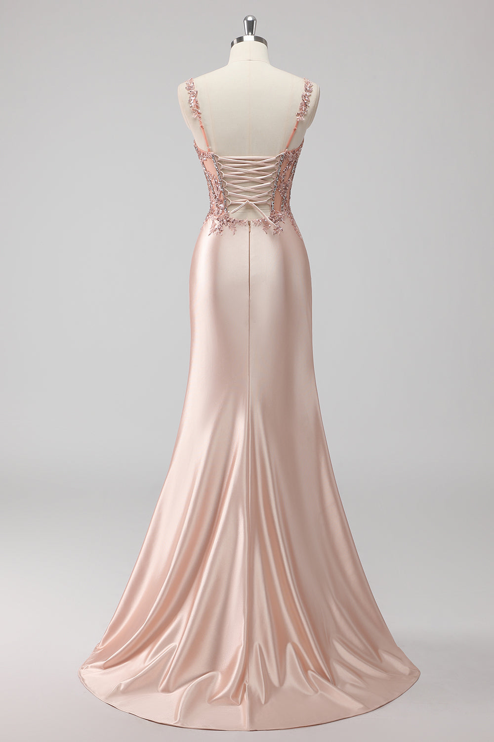 Blush Satin Mermaid Sequin Ruched Long Prom Dress with Slit