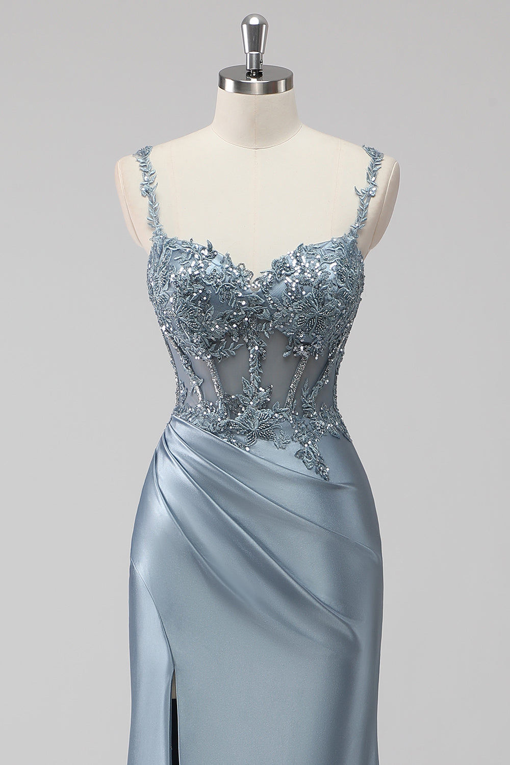 Blush Satin Mermaid Sequin Ruched Long Prom Dress with Slit