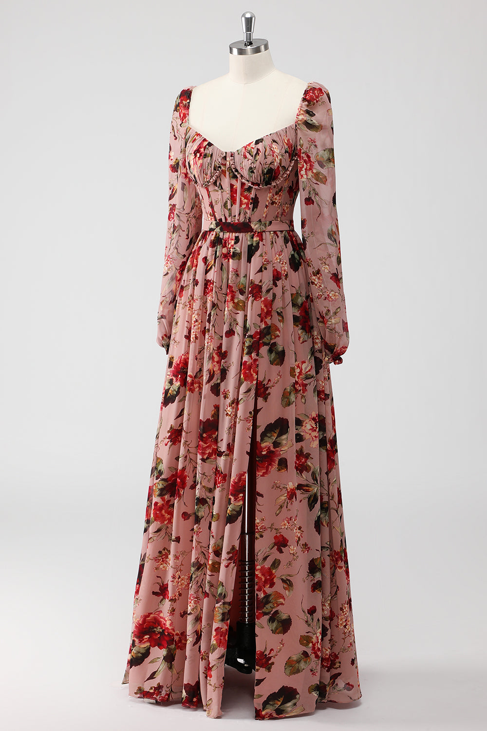 Dusty Rose Floral Corset A Line Long Sleeves Wedding Guest Dress