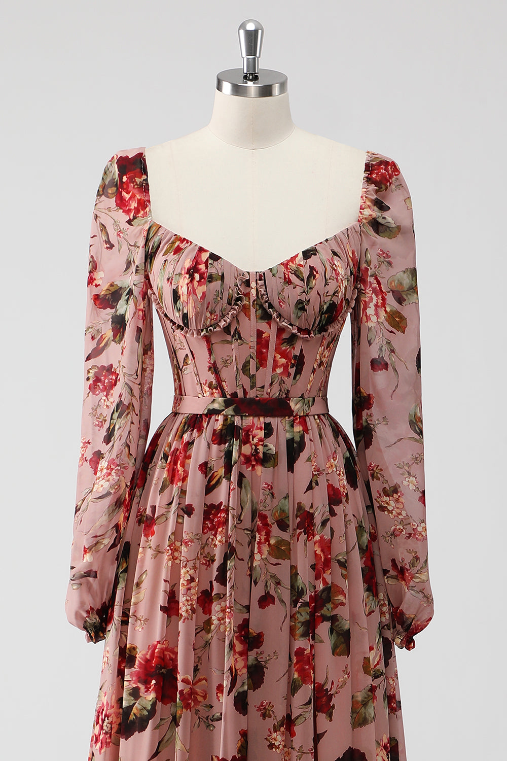 Dusty Rose Floral Corset A Line Long Sleeves Wedding Guest Dress