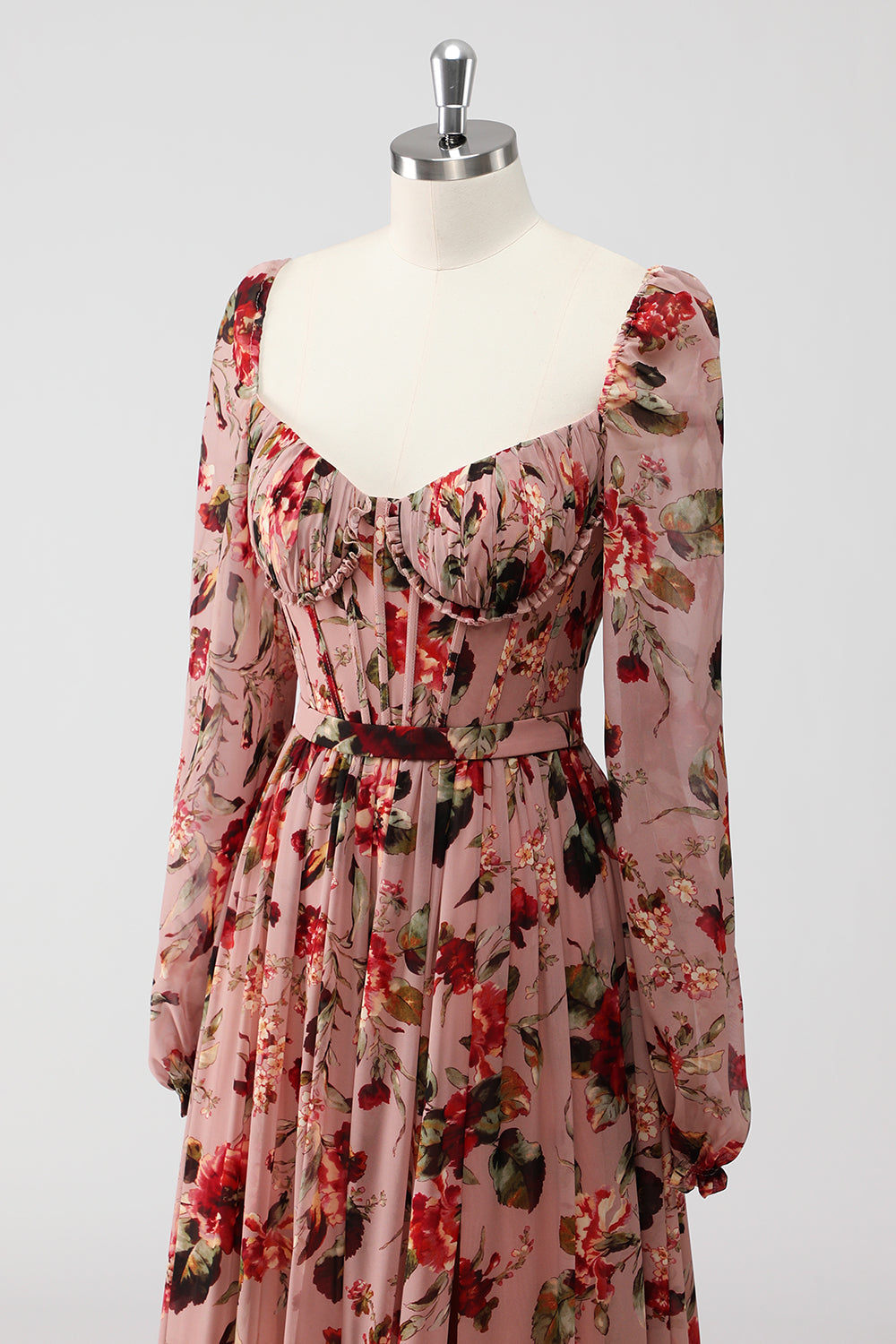 Dusty Rose Floral Corset A Line Long Sleeves Wedding Guest Dress