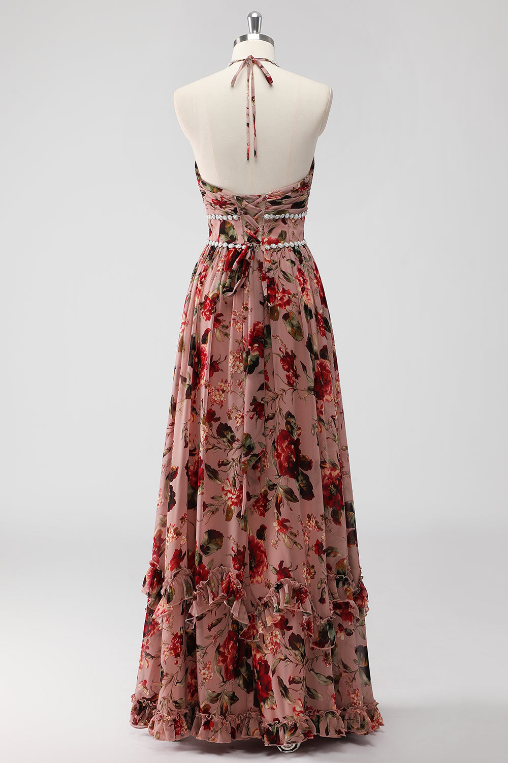 Dusty Rose Halter Flowers A Line Wedding Guest Dress with Slit
