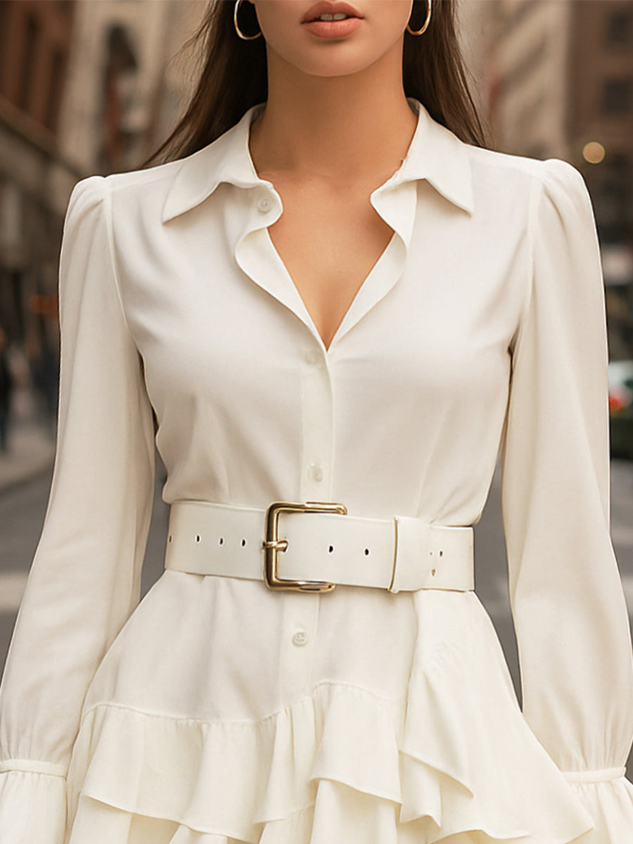 White Ruffled Shirt Dress With Belted Waist And Puff Sleeves