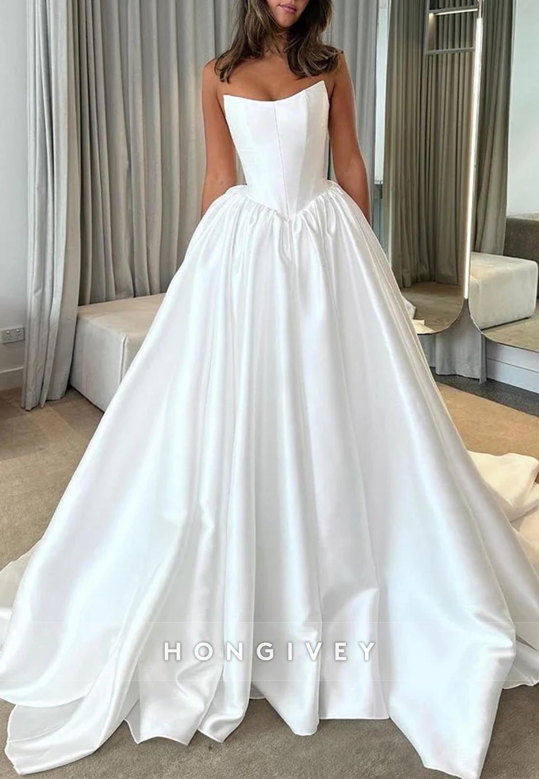 Sleeveless Ball Gown Satin Pleated Chapel Train Low Back Wedding Dresses
