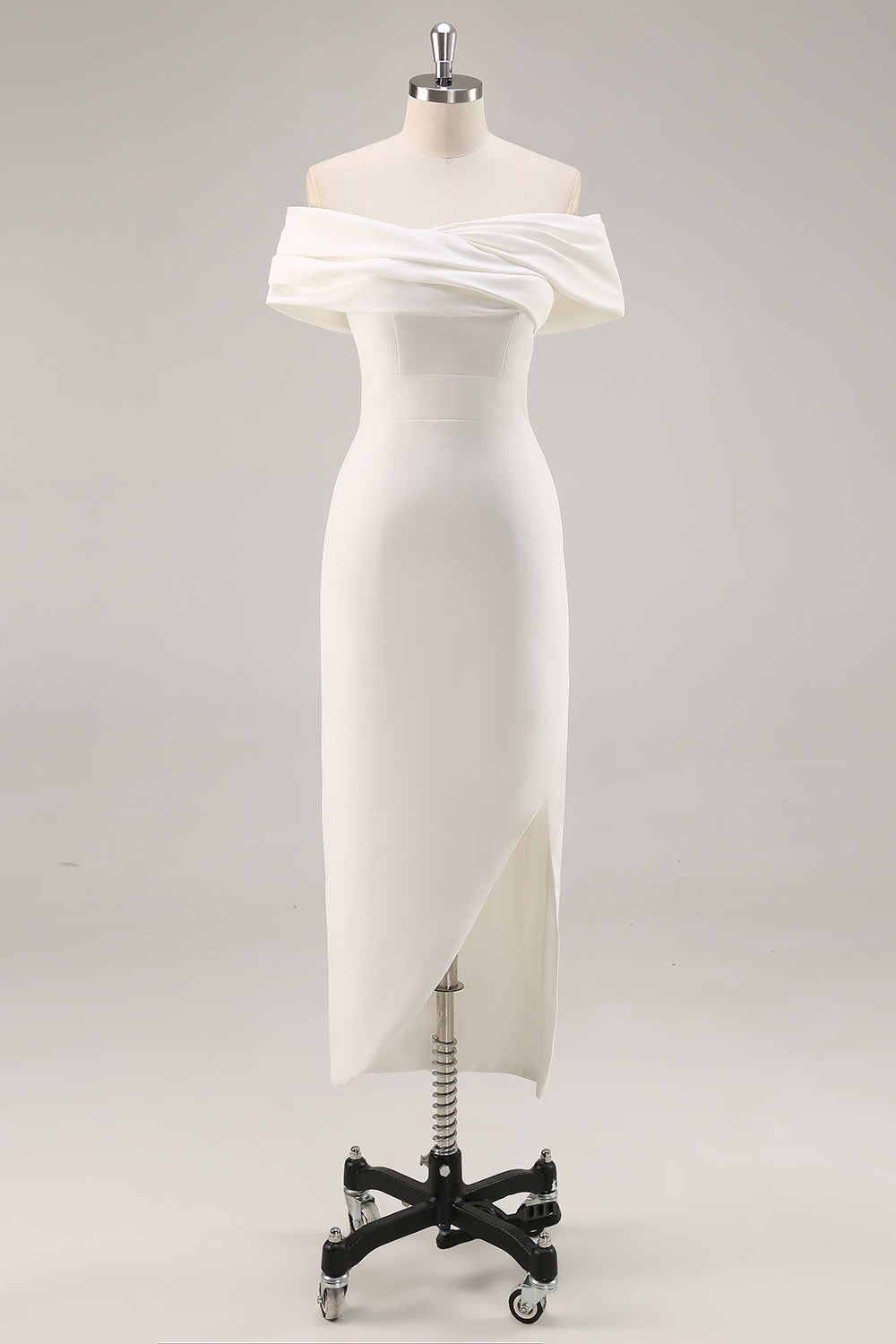 White Sheath Off the Shoulder Matte Satin Asymmetrical Graduation Dress