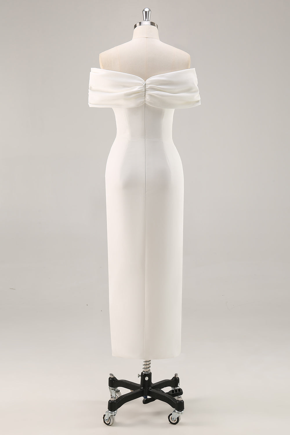 White Sheath Off the Shoulder Matte Satin Asymmetrical Graduation Dress