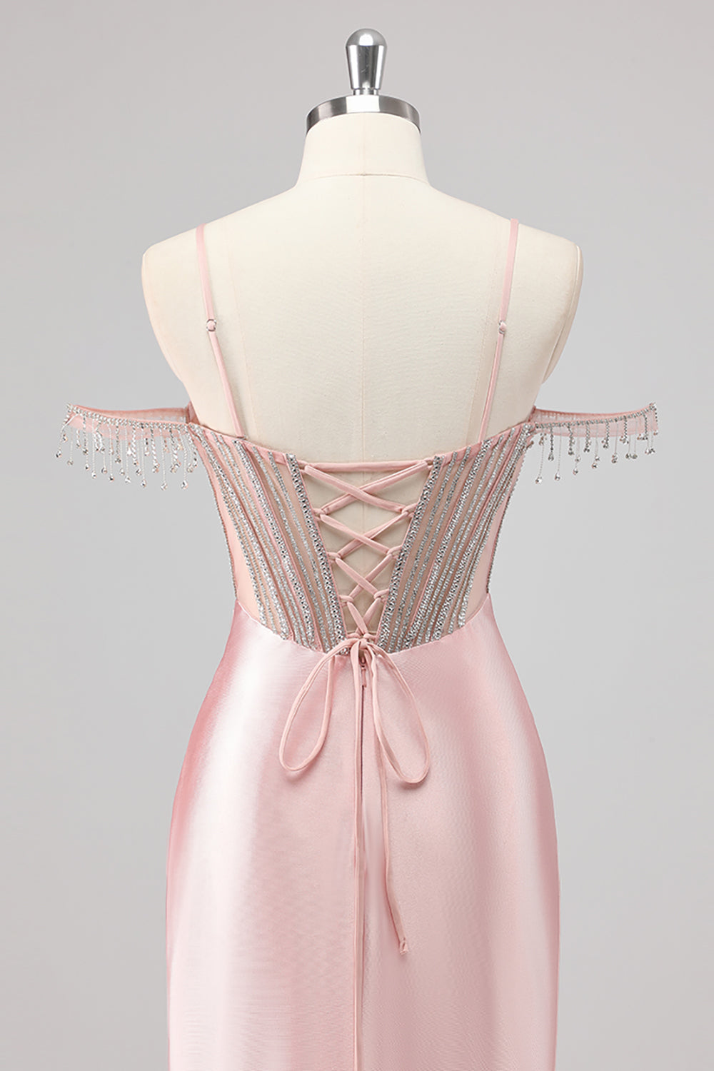 Sparkly Mermaid Cold Shoulder Beaded Long Pink Prom Dress with Slit