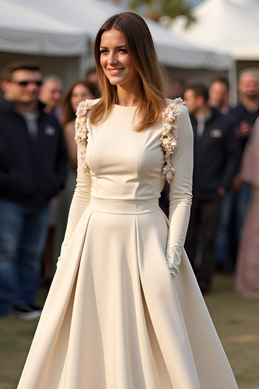 Apricot A Line Round Neck Ruched Gala Dress With Long Sleeves
