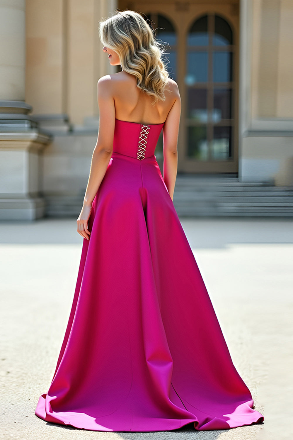 Fuchsia A Line Strapless Prom Dress with Slit