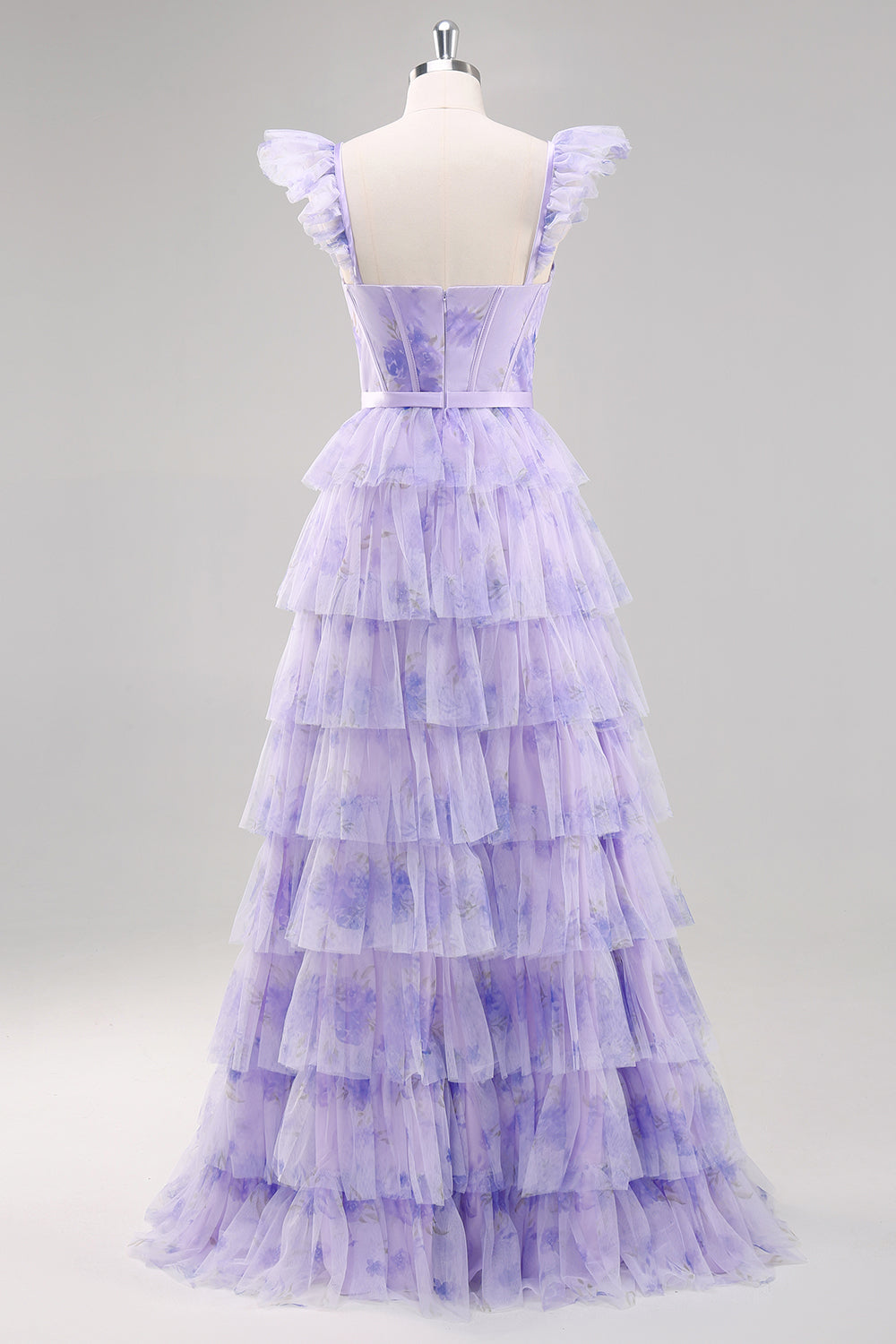 Lavender A Line Tiered Tulle Long Prom Dress with Slit