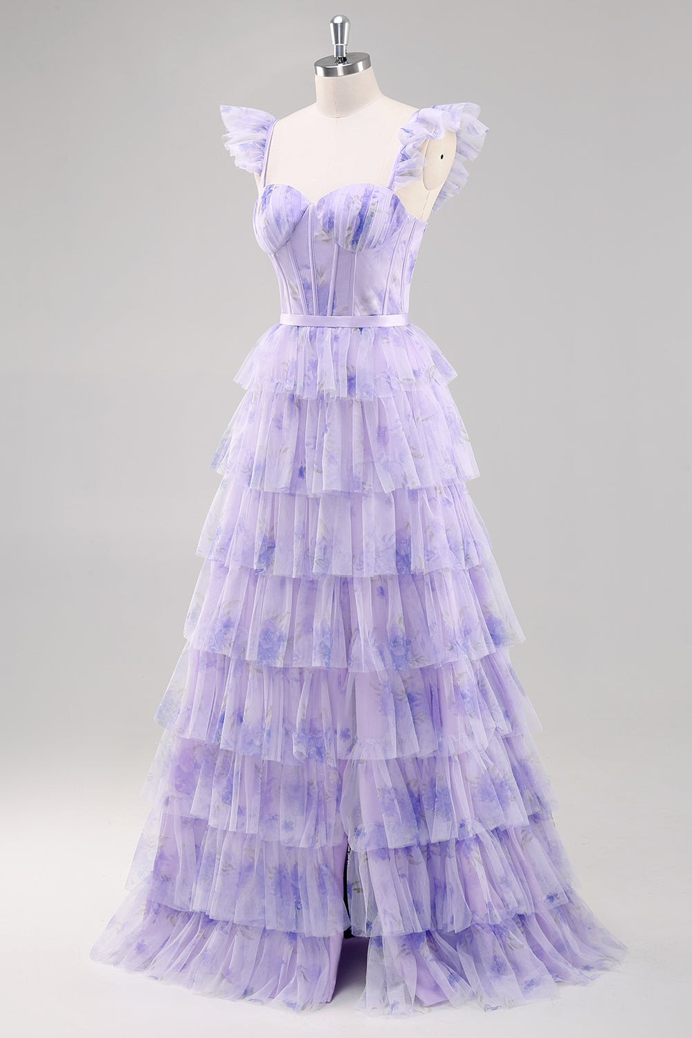 Lavender A Line Tiered Tulle Long Prom Dress with Slit