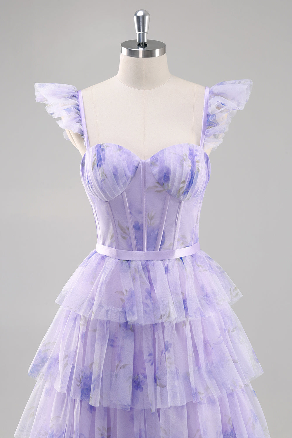 Lavender A Line Tiered Tulle Long Prom Dress with Slit