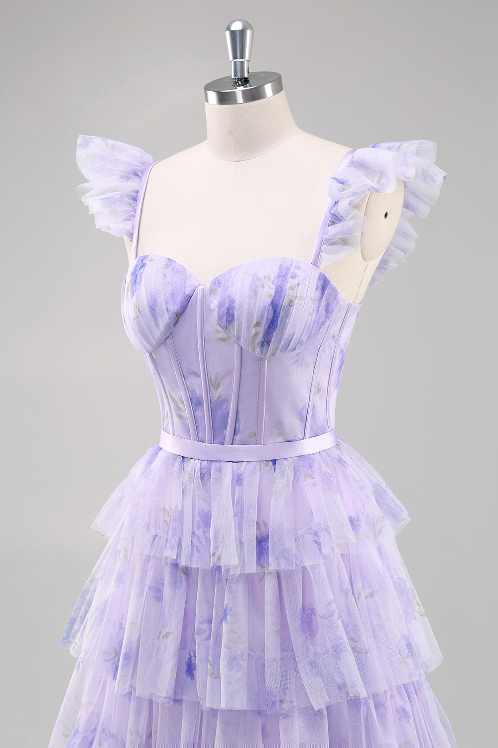 Lavender A Line Tiered Tulle Long Prom Dress with Slit