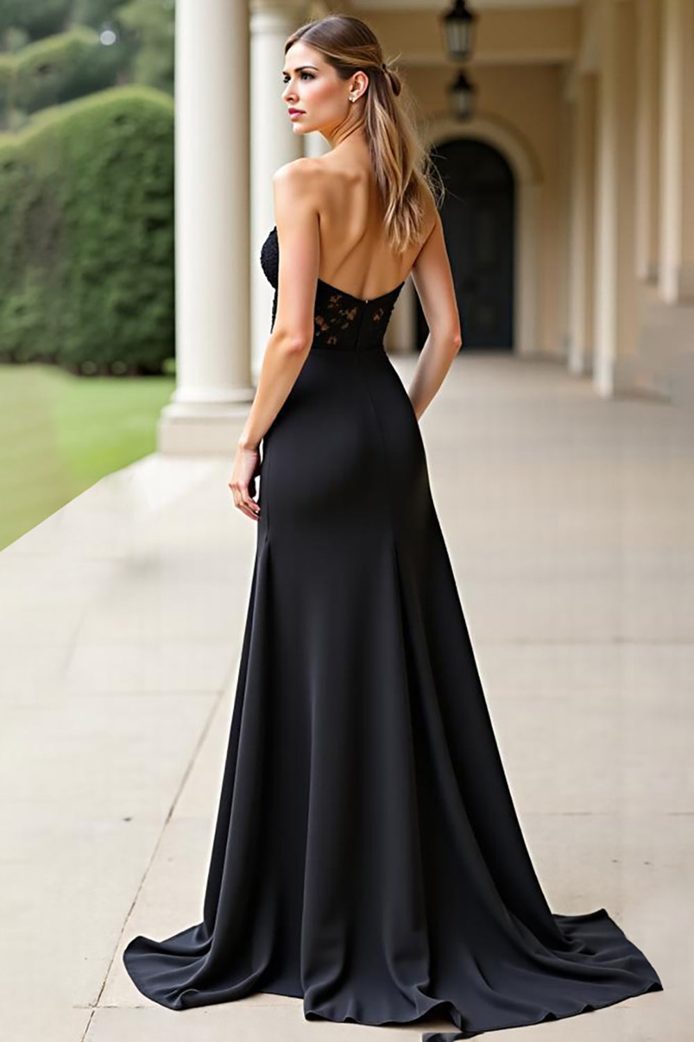 Black Lace Satin A Line Strapless Prom Dress