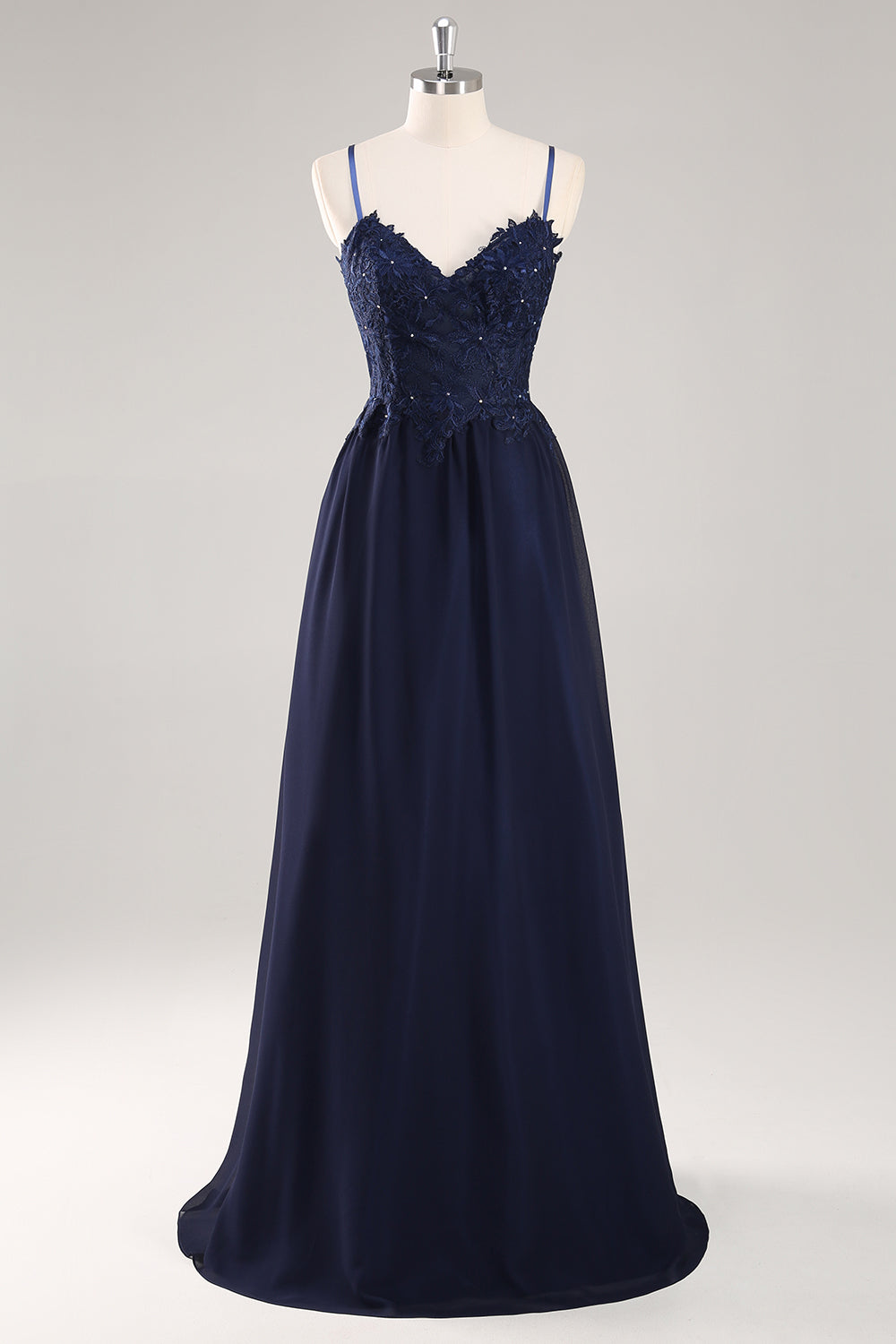Navy Spaghetti Straps A Line Long Prom Dress with Appliques