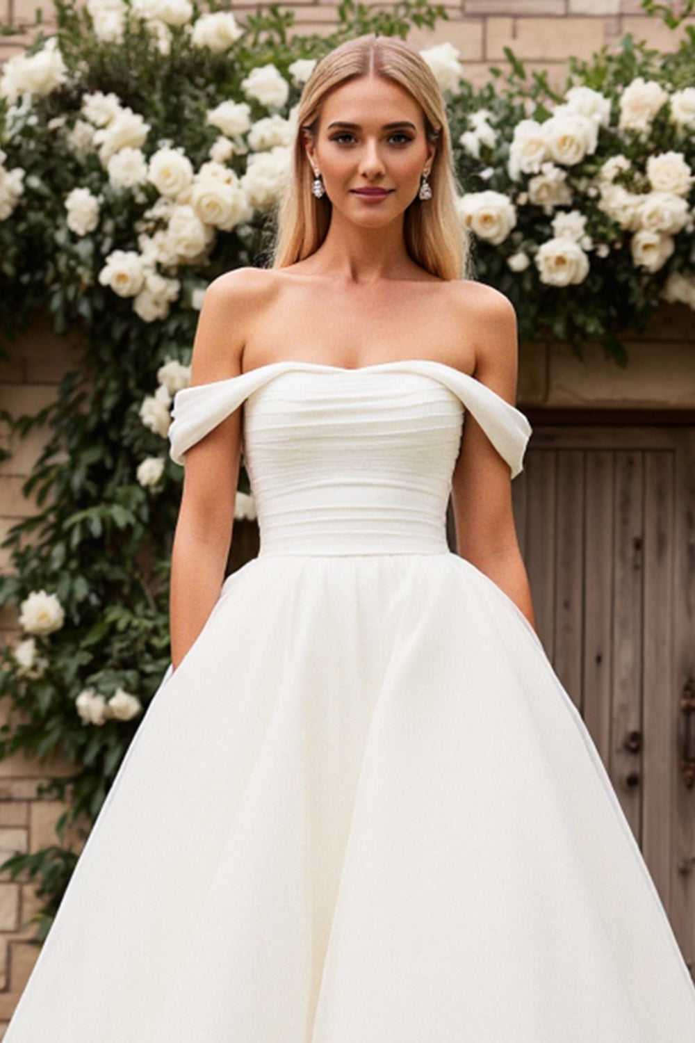 Graceful Off the Shoulder White A Line Wedding Dress