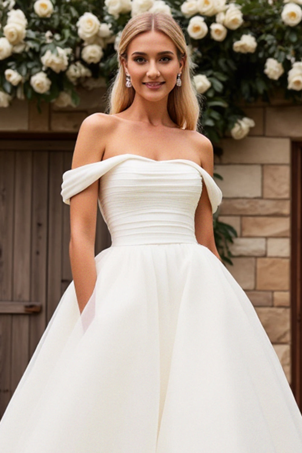 Graceful Off the Shoulder White A Line Wedding Dress