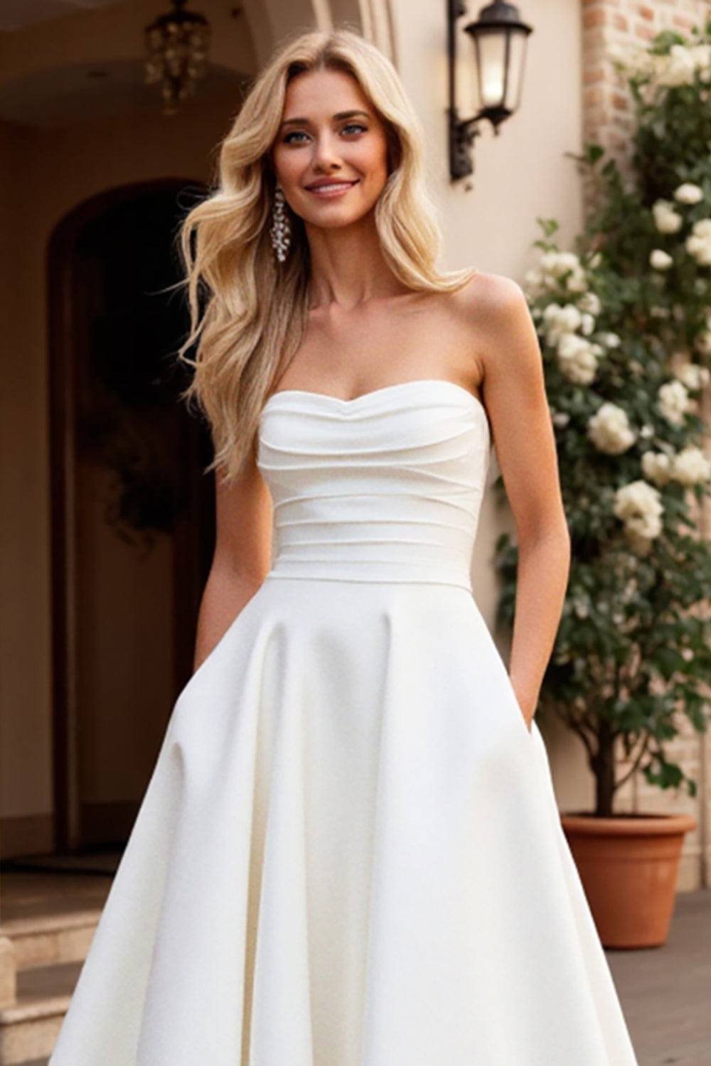 Strapless A Line Ivory Satin Ruched Wedding Dress
