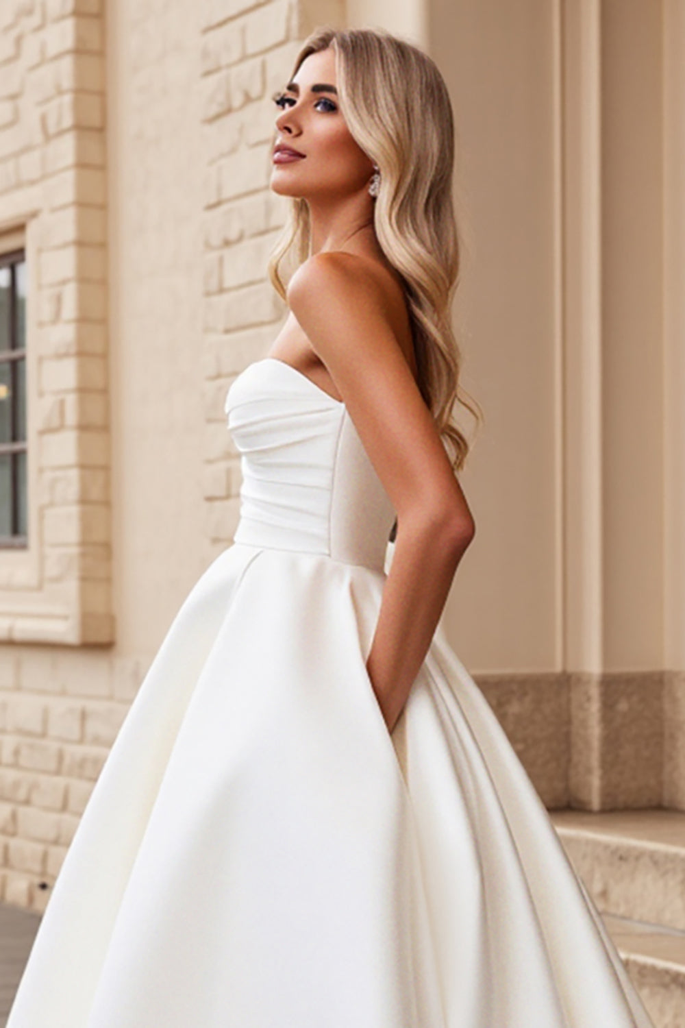 Strapless A Line Ivory Satin Ruched Wedding Dress