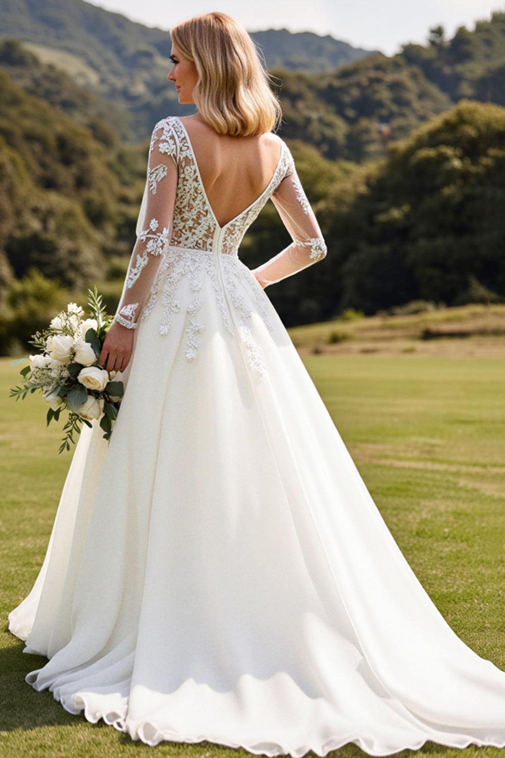 Long Sleeves lvory A Line Lace Appliqued Wedding Dress