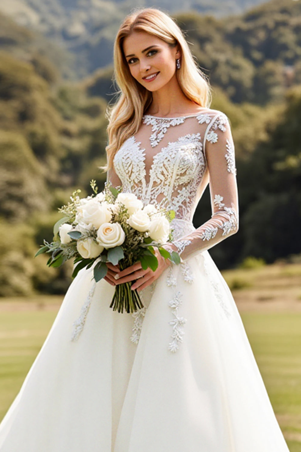 Long Sleeves lvory A Line Lace Appliqued Wedding Dress