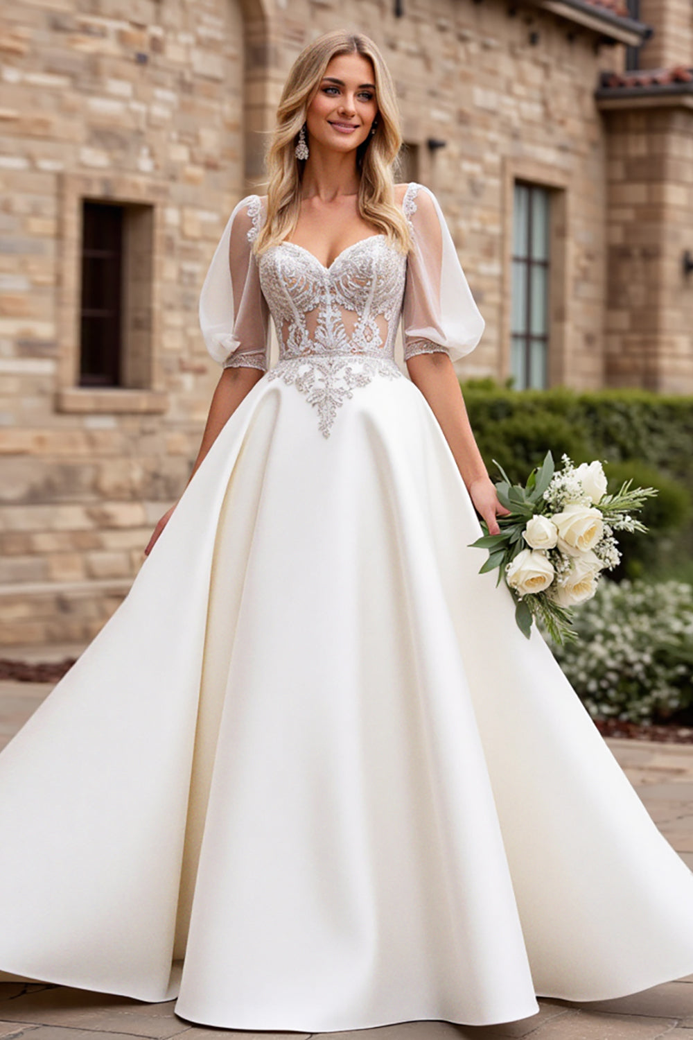 lvory A Line Half Sleeves Appliqued Long Wedding Dress